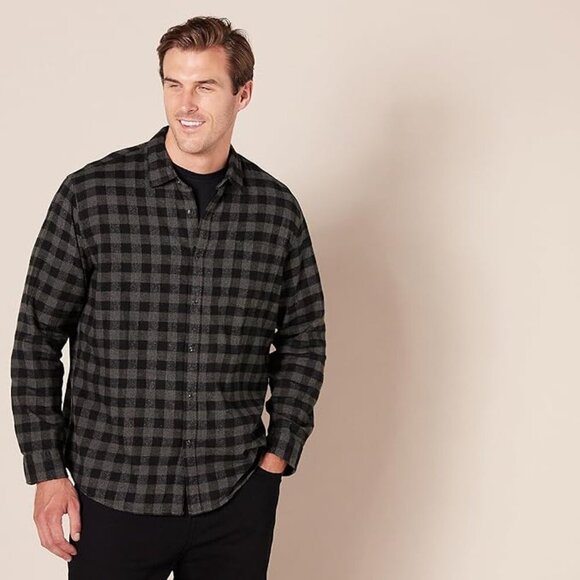 Amazon Essentials Men's Long-Sleeve Flannel Shirt Charcoal Buffalo Plaid Size L - Picture 2 of 10